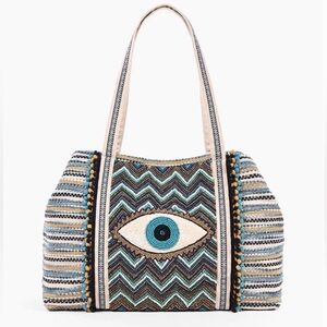 Bohemian Eye Pattern Tote Bag - Blue and Cream